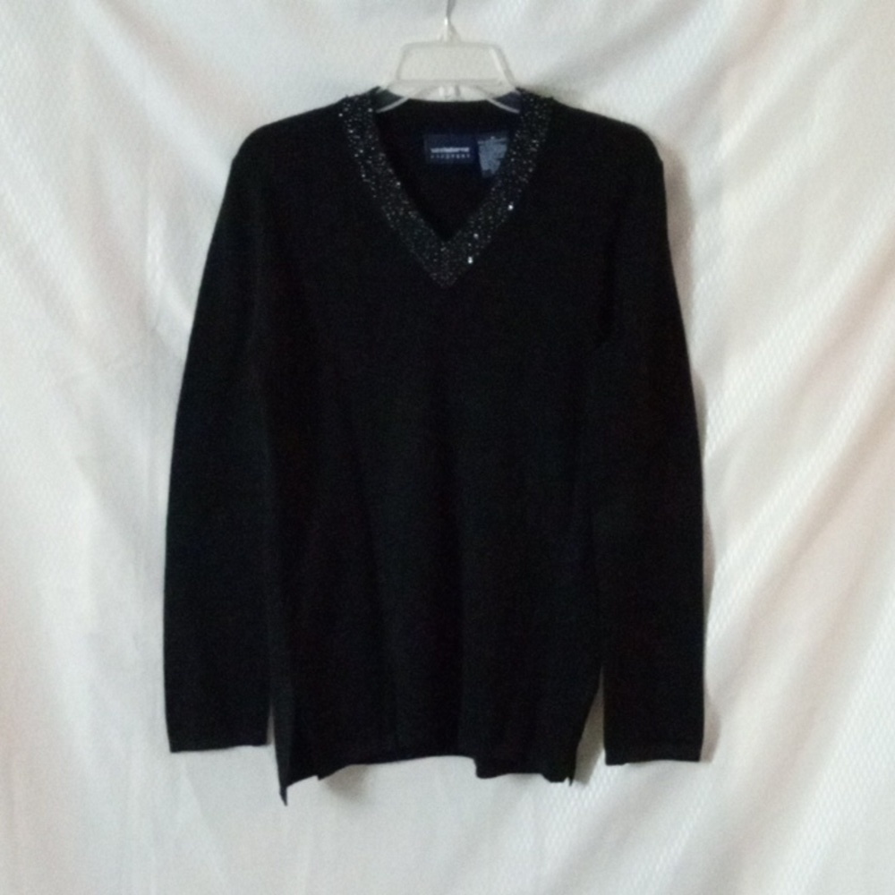 Liz Claiborne V-Neck Beaded Knit Tunic sz M Black Pre-owned